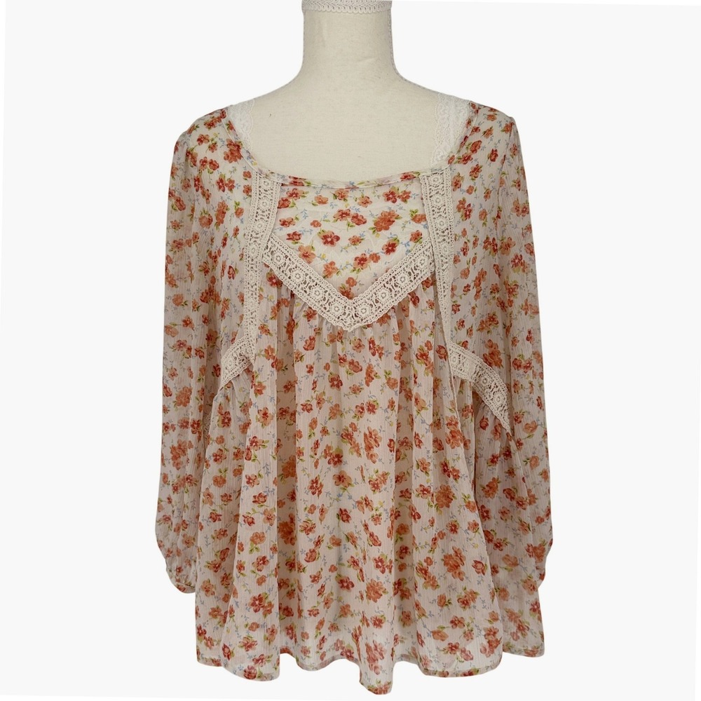 Altar'd State Sheer Floral Peasant‎ Blouse Womens L Lace Flowy Cottagecore Boho